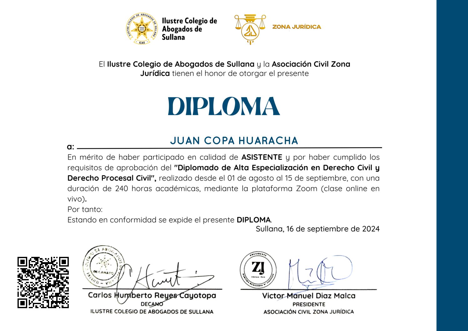 Primera página del certificado