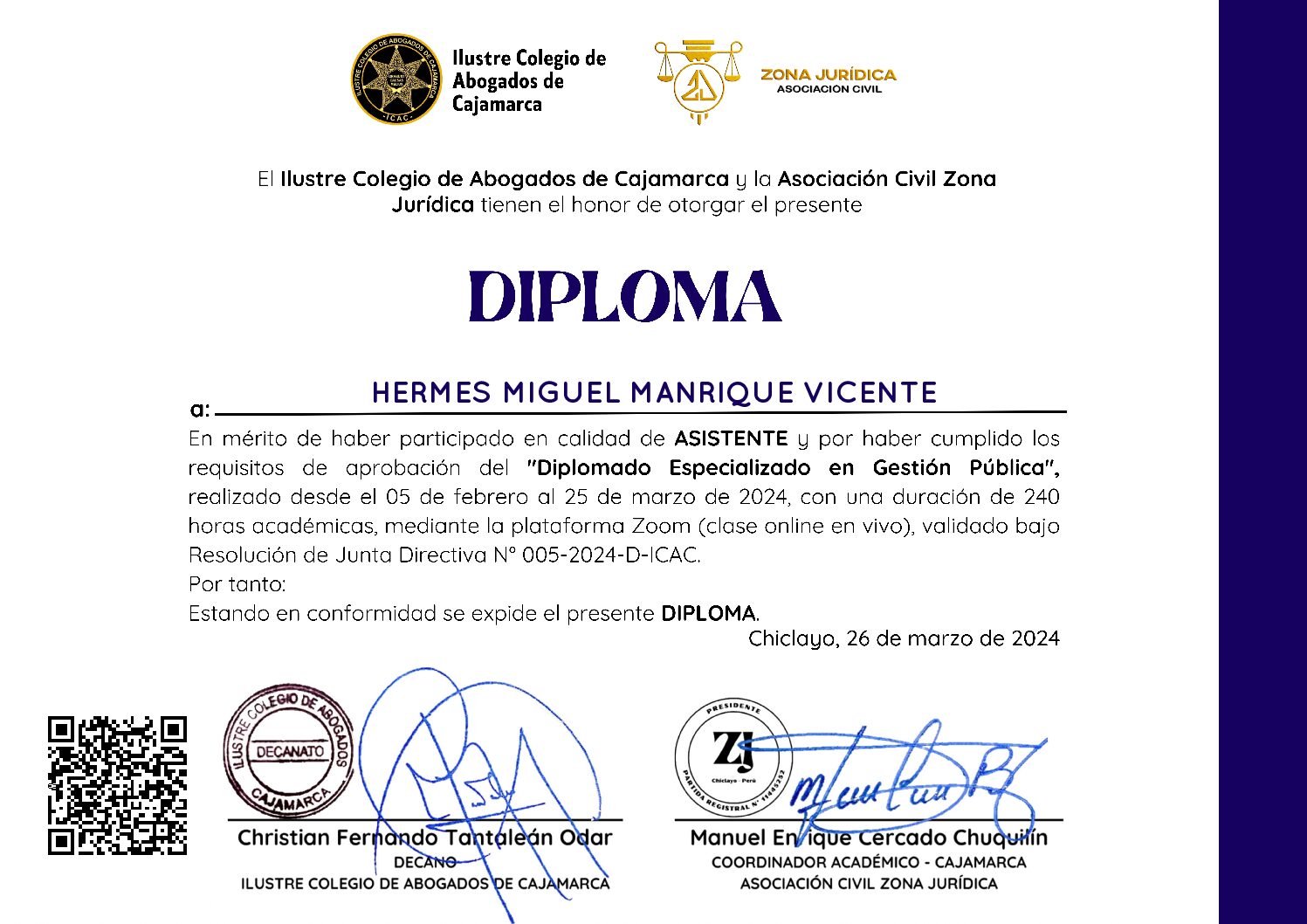 Primera página del certificado