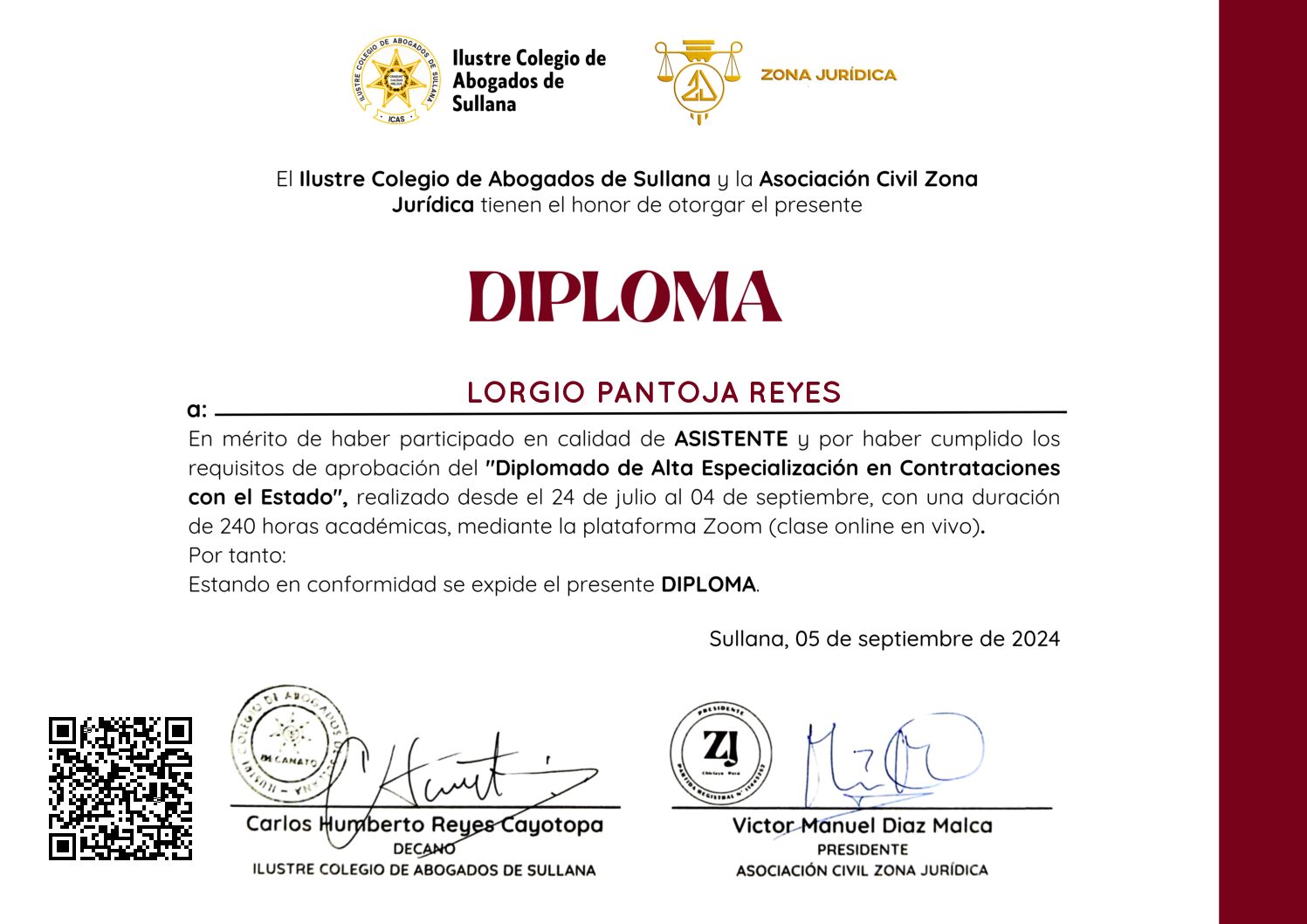 Primera página del certificado