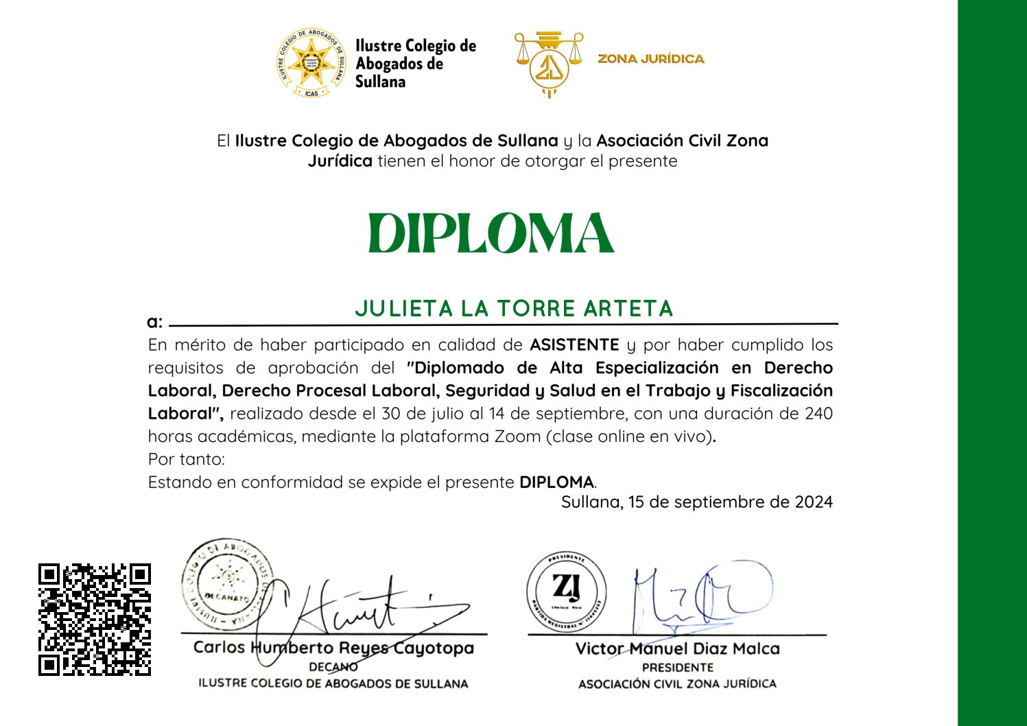 Primera página del certificado