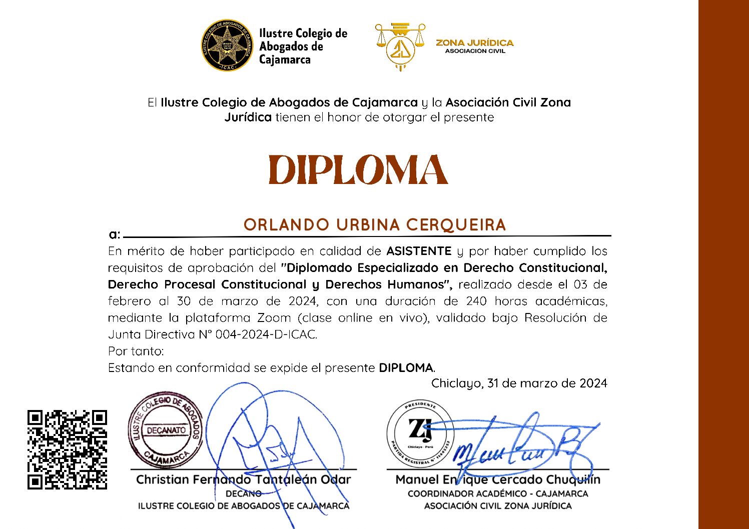 Primera página del certificado