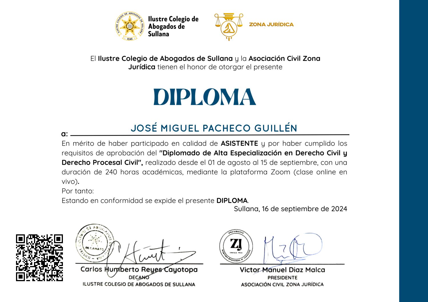 Primera página del certificado