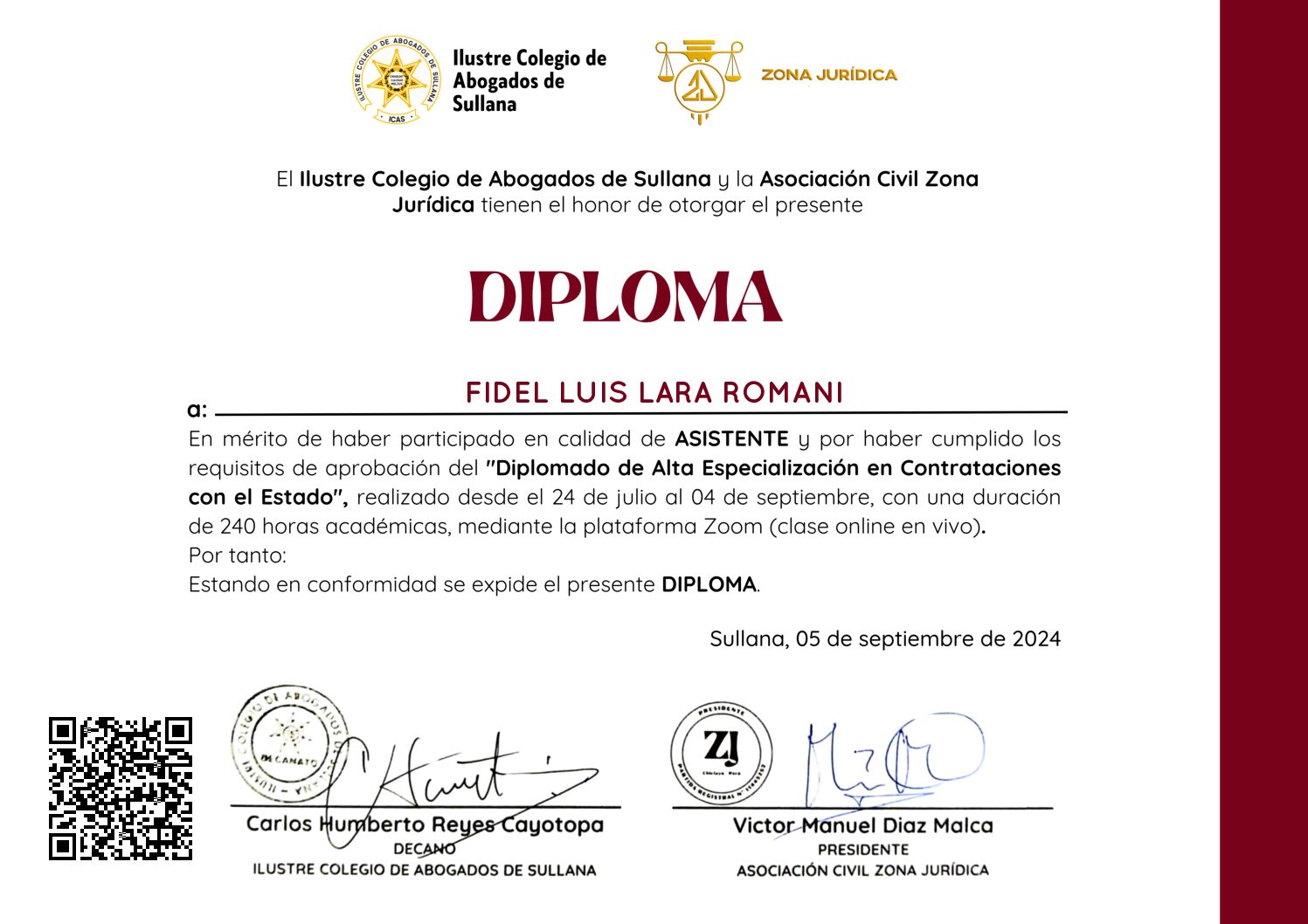 Primera página del certificado