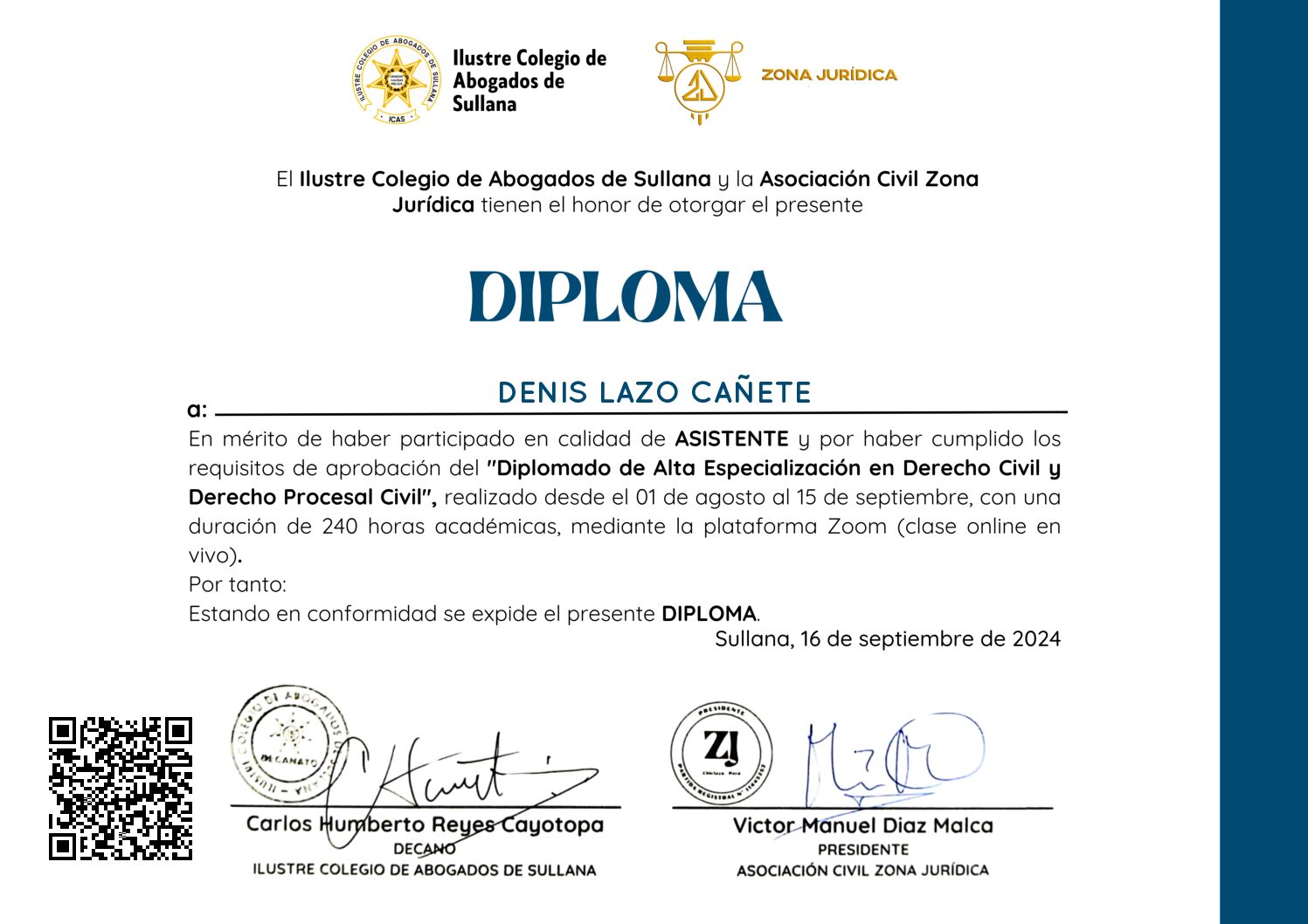 Primera página del certificado
