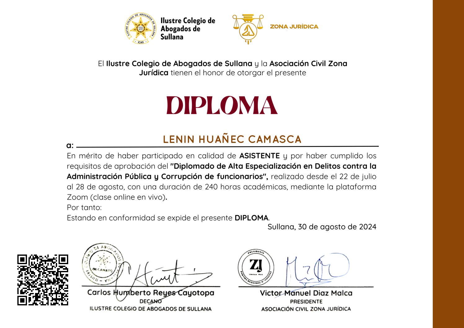 Primera página del certificado