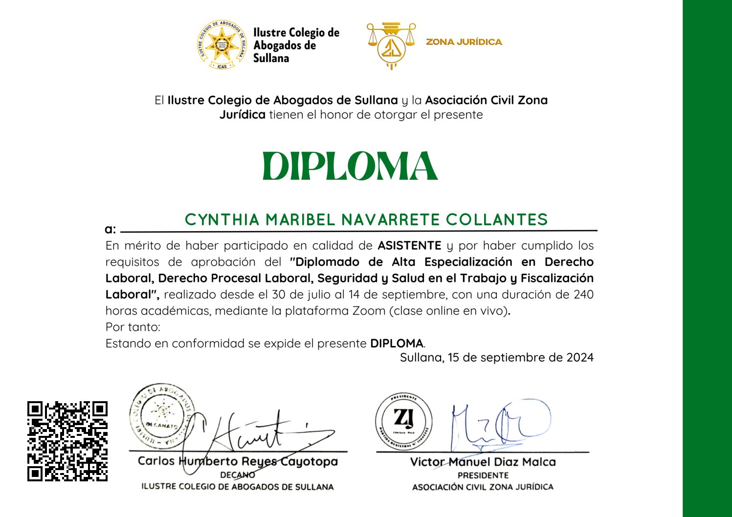 Primera página del certificado