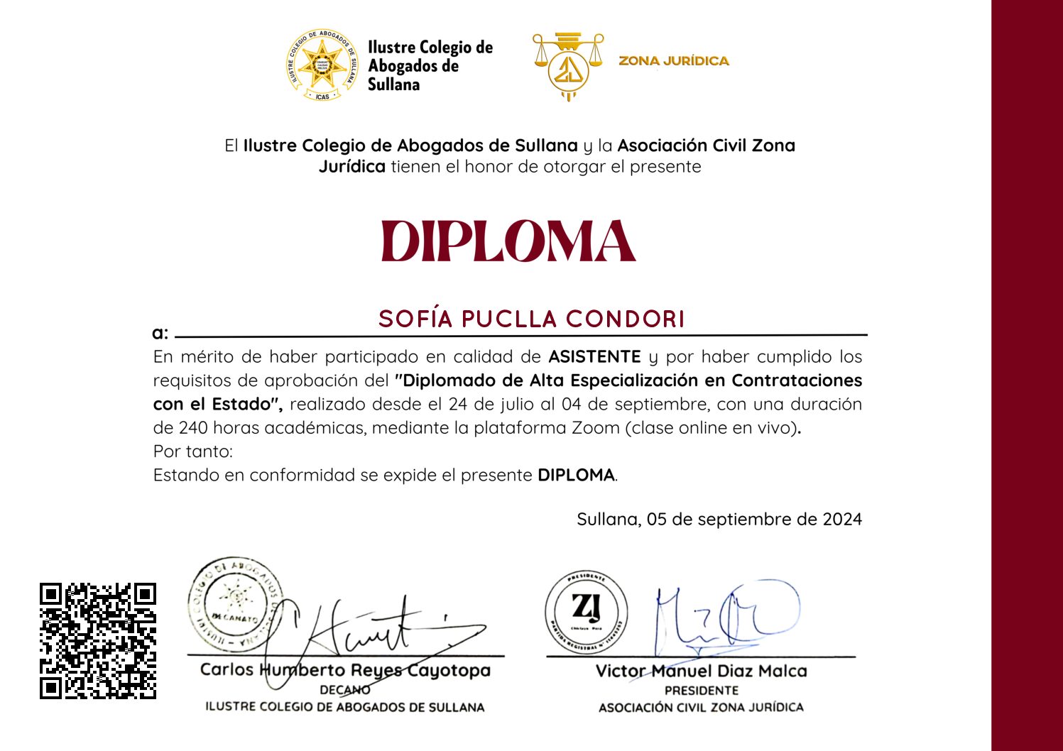 Primera página del certificado