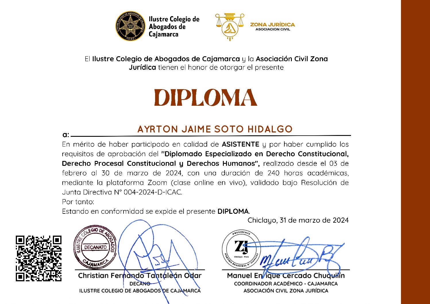 Primera página del certificado