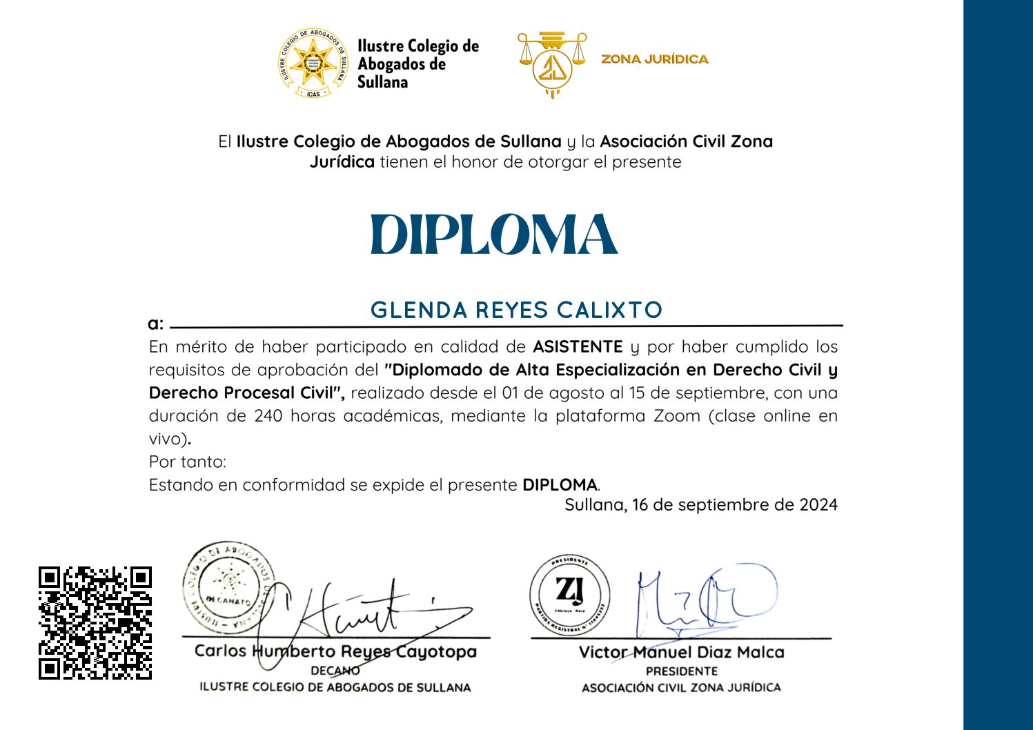 Primera página del certificado