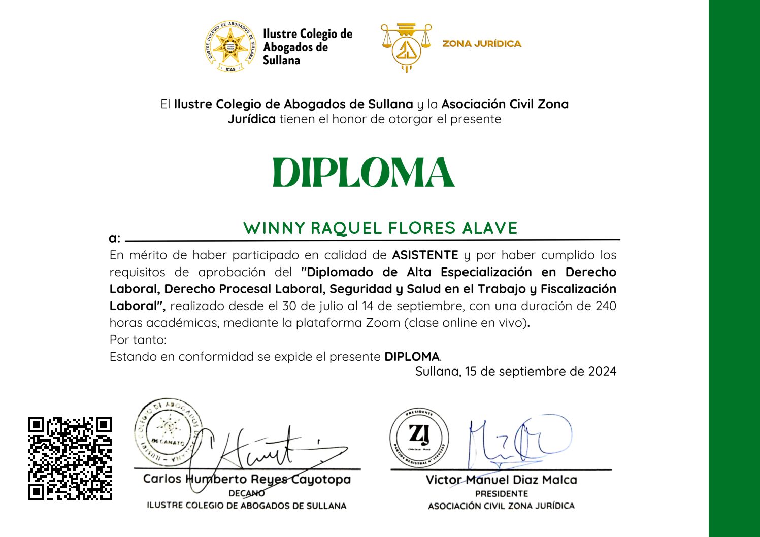 Primera página del certificado