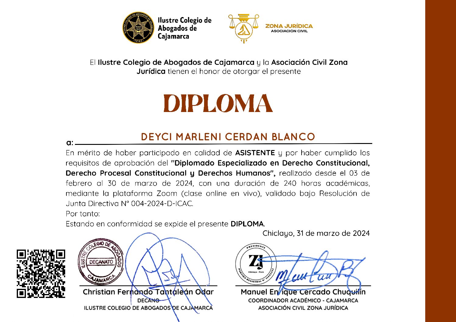 Primera página del certificado