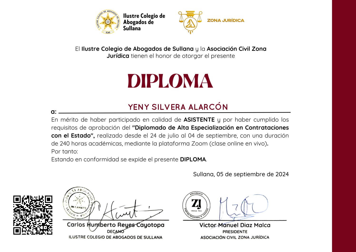 Primera página del certificado