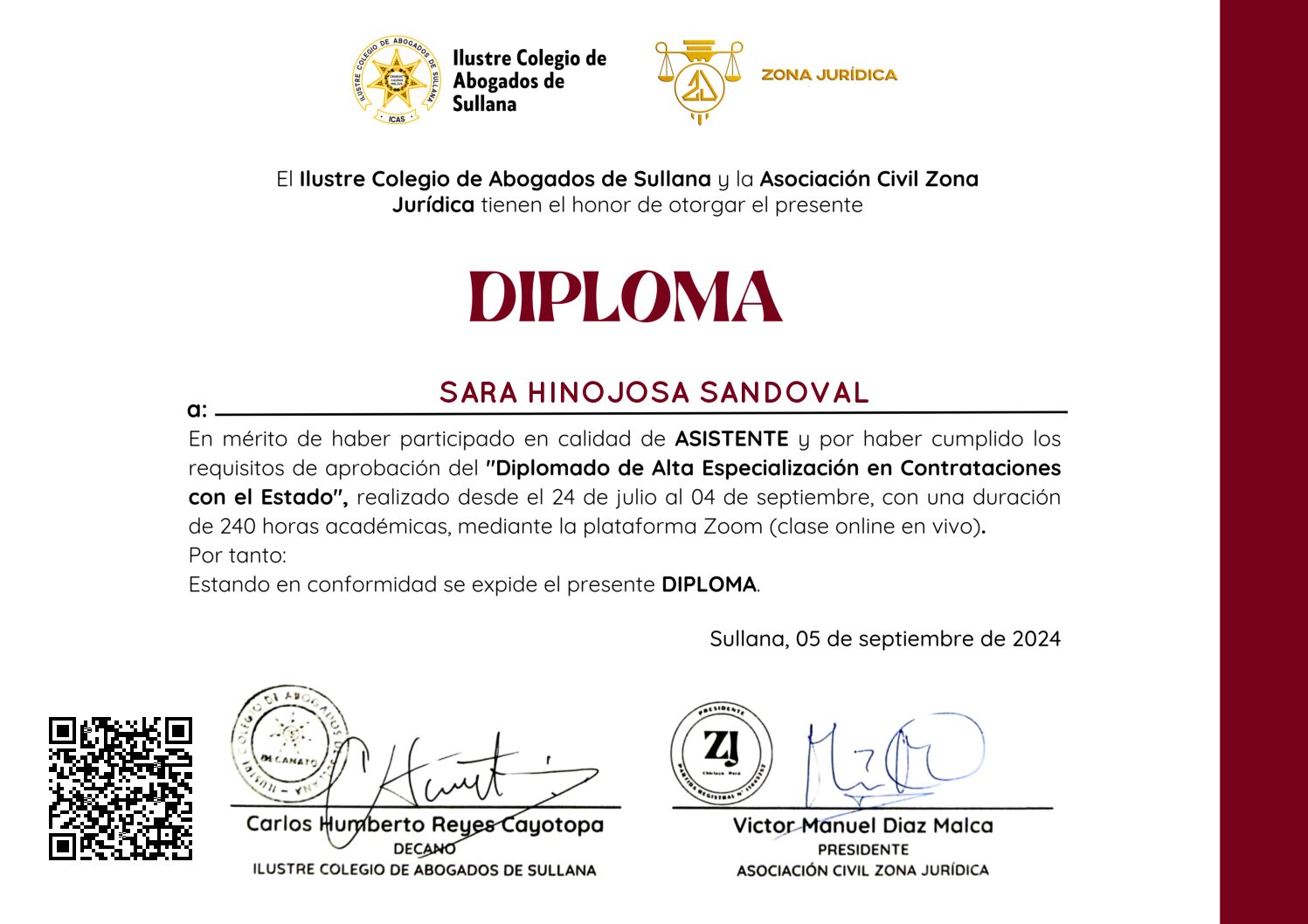 Primera página del certificado