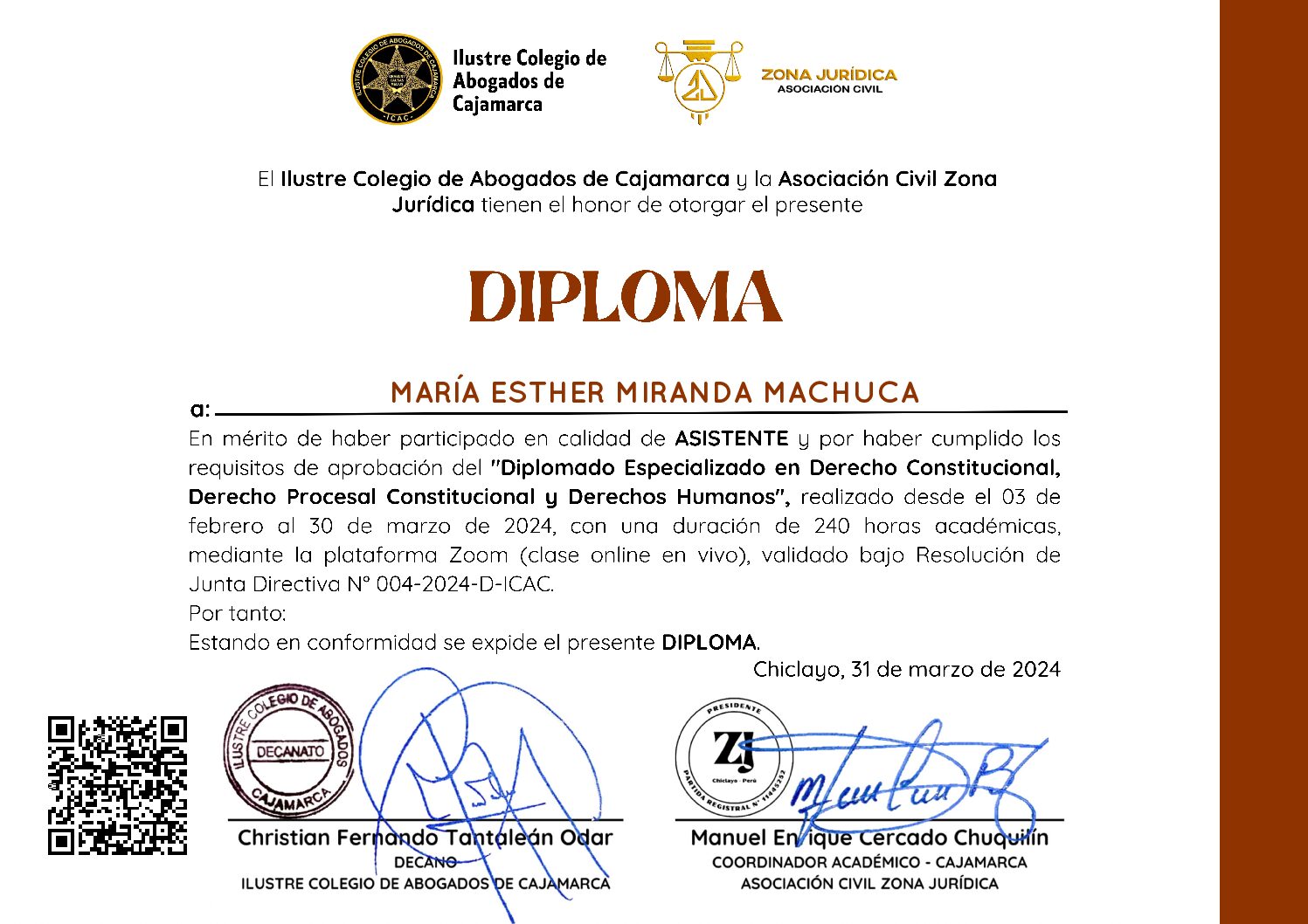 Primera página del certificado