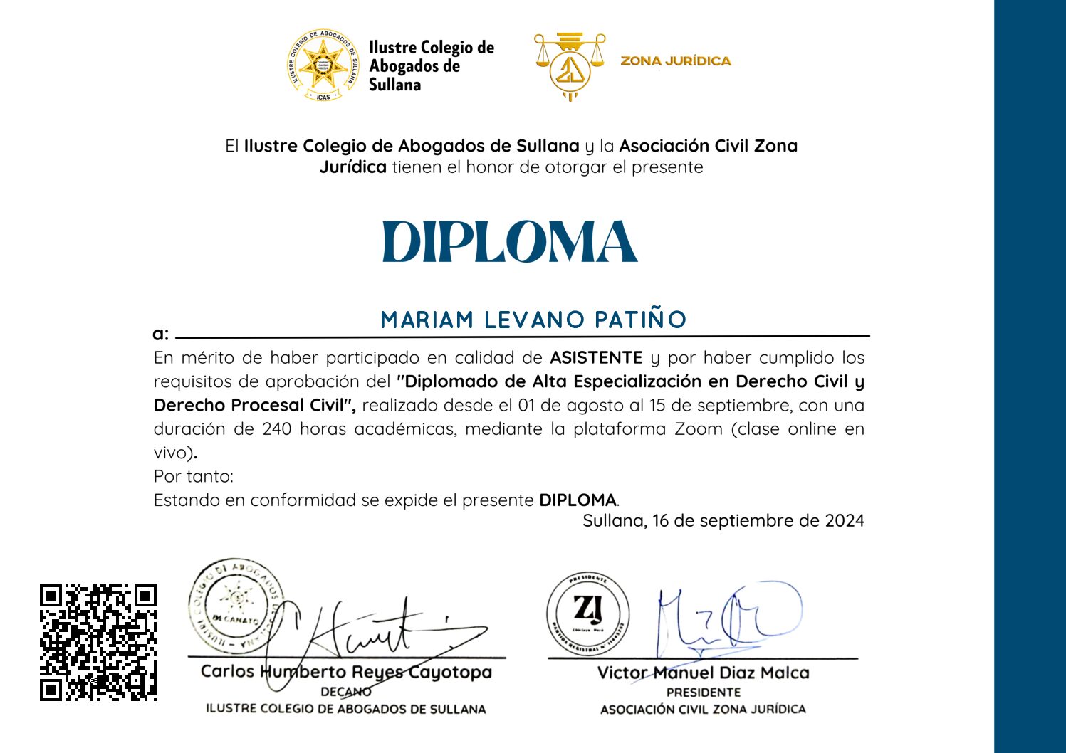 Primera página del certificado