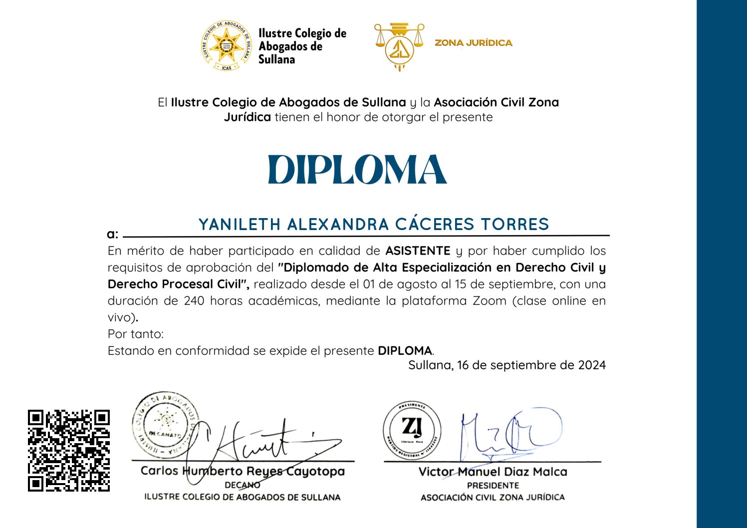 Primera página del certificado