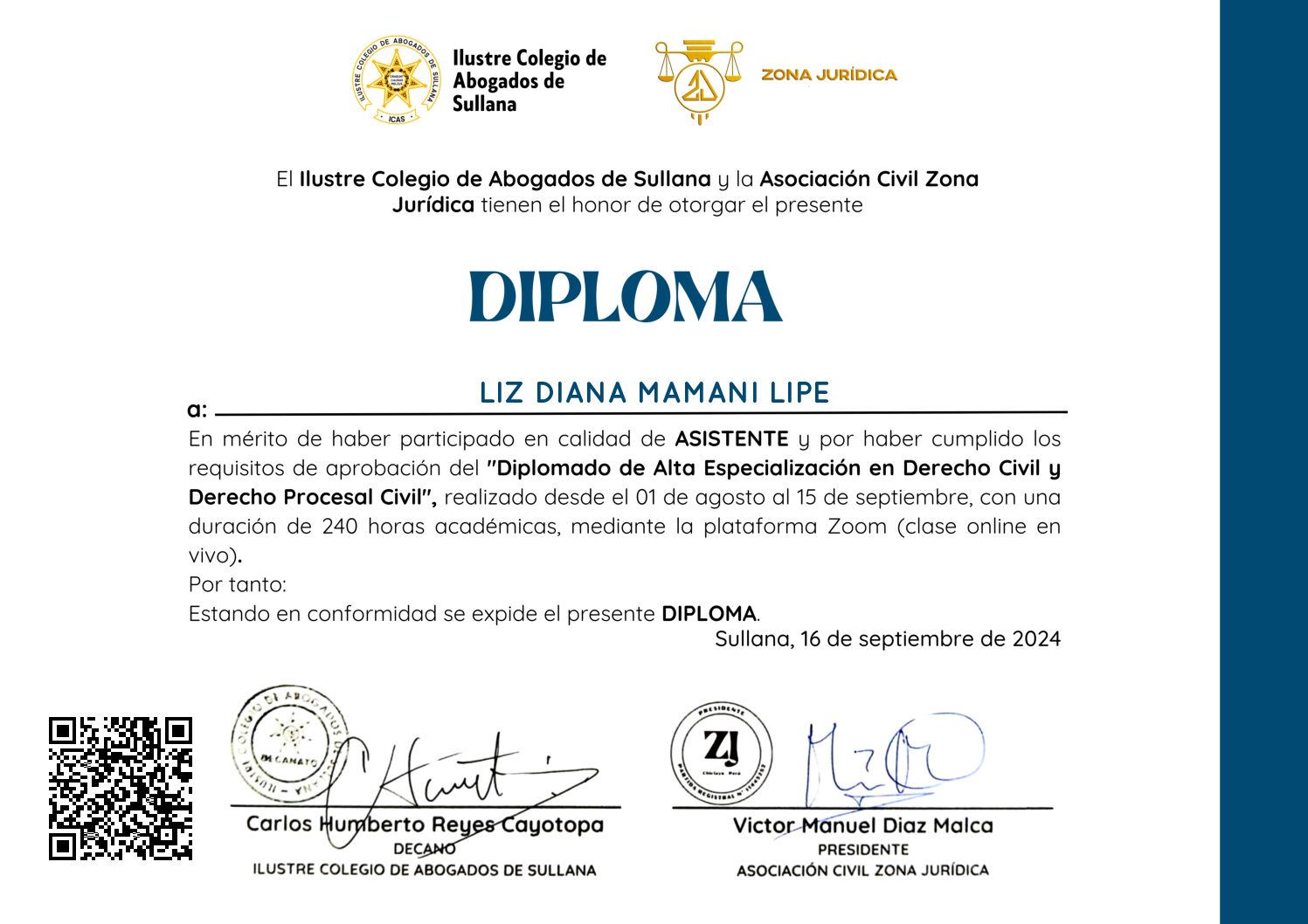 Primera página del certificado