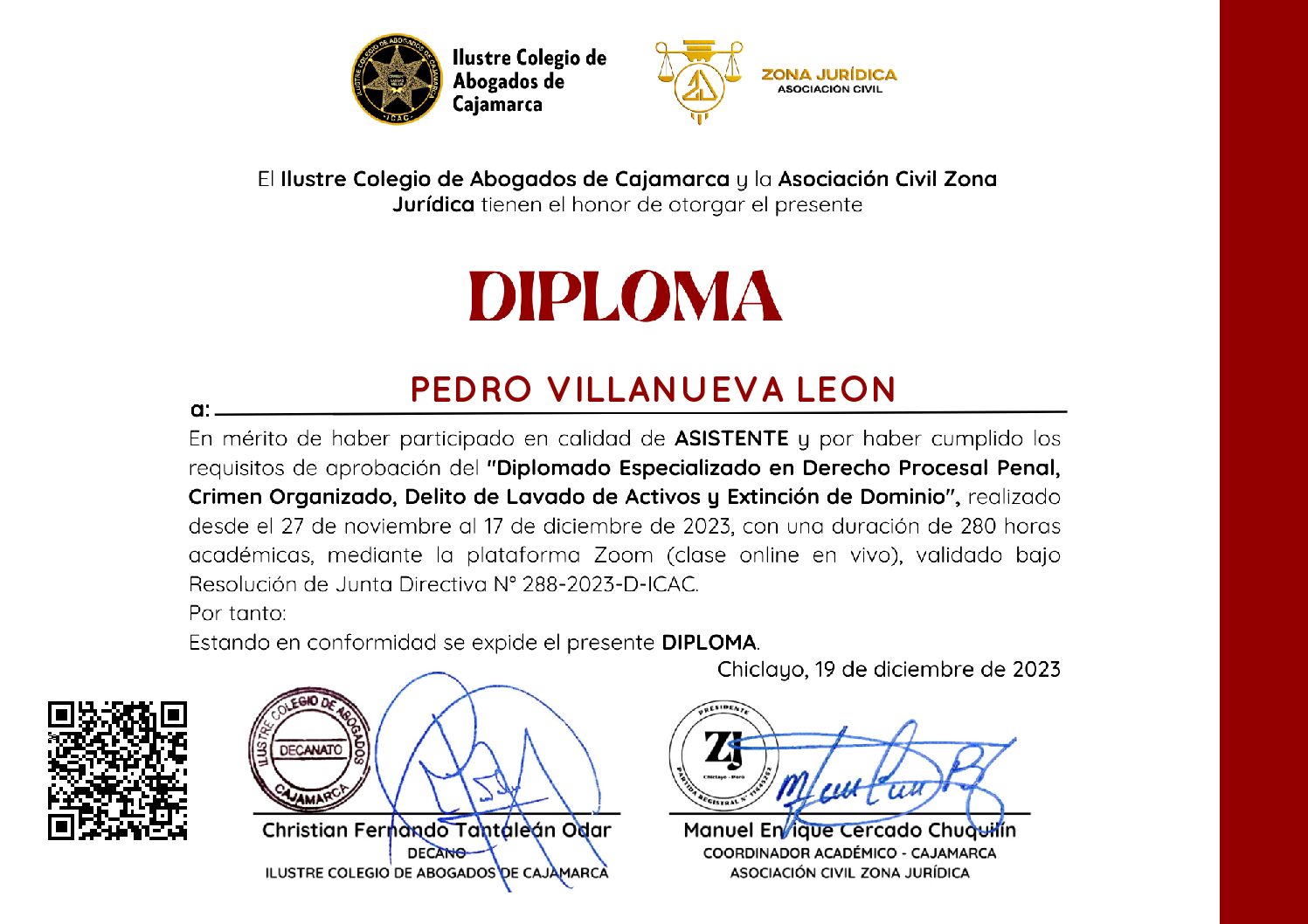 Primera página del certificado