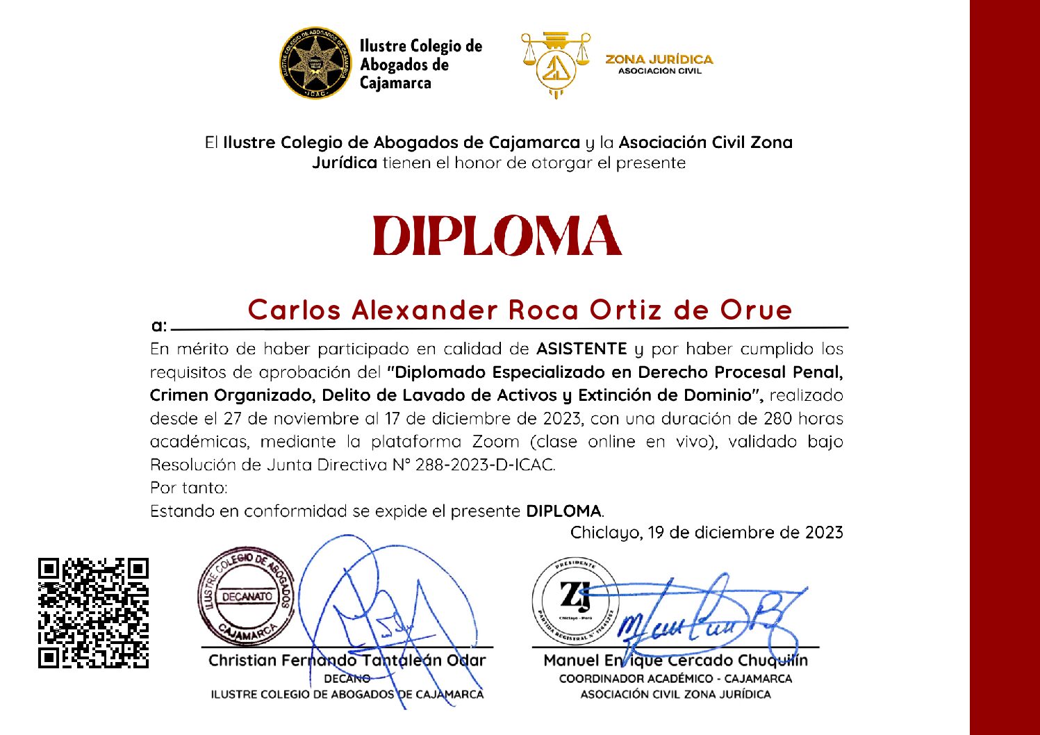 Primera página del certificado
